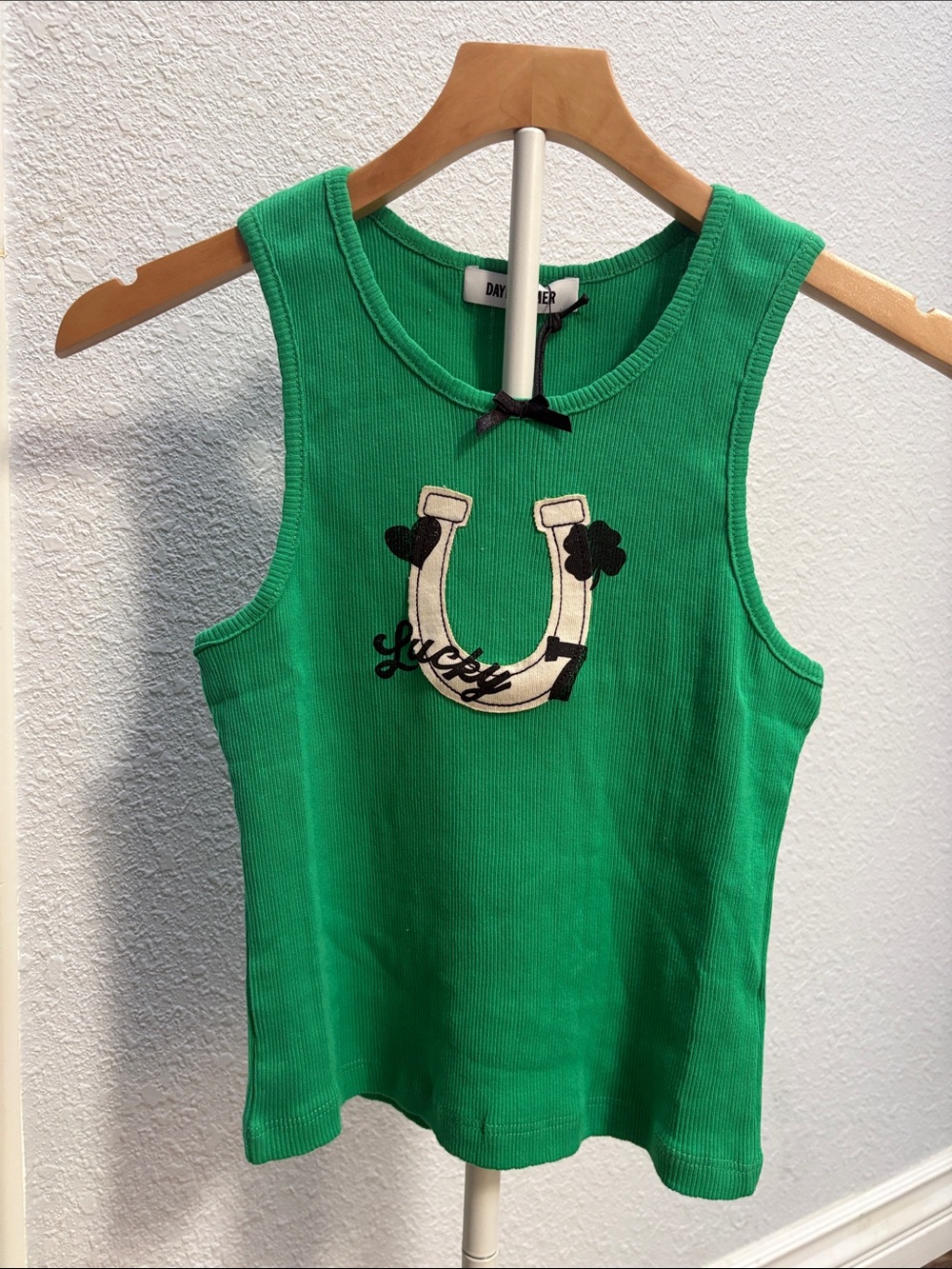 Daydreamer Women's Bright Green Ribbed Tank with Horseshoe Graphic